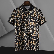 Polo Shirt Men Short Sleeve Polo Collar Golf Wear Black Lapel Shirt Business Casual Wear with Floral