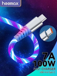 100W 流量發光 USB A 轉 Type C 線快充線 相容於華為 P50 榮耀小米 OPPO 快充線 相容於三星 S23 S22 S21（七彩）
