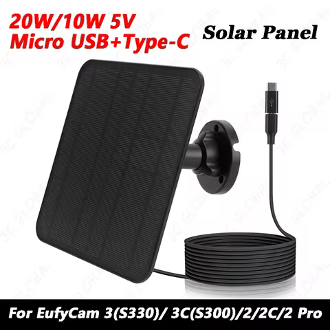 20W/10W 5V Solar Panel 2-in-1 Micro USB+Type-C Solar Cells Charger For EufyCam 3(S330)/ 3C(S300)/2/2