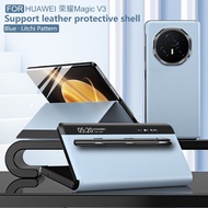 Honor Magic V3 CaseSmart Window Litchi Grain Leather Magnetic Suction Flip Cover Protective Case Wit