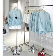 Set of babydoll top with wide straps and puffed sleeves combined with short a-line skirt HT682, with