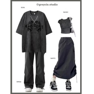 [Available] GREYCIE Couple Set of gray crop top t-shirt, wide leg pants, drawstring khaki skirt S49 