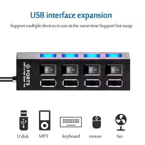 4 Ports USB HUB 2.0 Adapter Expander Multi USB Splitter Multiple Extender with LED Lamp Switch for P