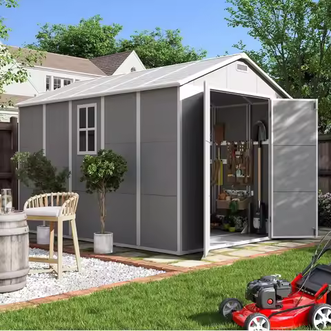 Outdoor Storage Shed 7.5x10.7 FT, with Lockable Door for Backyard,Grey & White Resin & Steel Shed