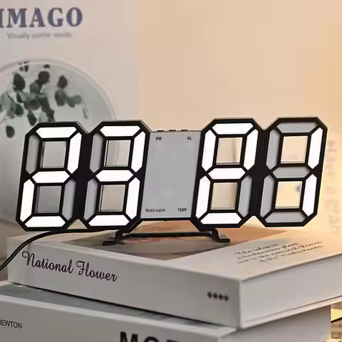Modern Smart 3D LED Desk Wall Clock Night Light Alarm Clock for Warehouse Office Living Room 12/24h 