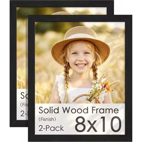 8x10 Picture Frame Set of 2, Solid Wood Frames for Wall and Tabletop Display, Black Woodgrain with P