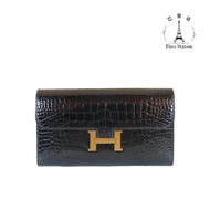 【巴黎站二手名牌專賣店】＊現貨＊HERMES愛馬仕真品＊A刻CONSTANCE 黑色鱷魚皮玫瑰金色H壓釦康康長夾