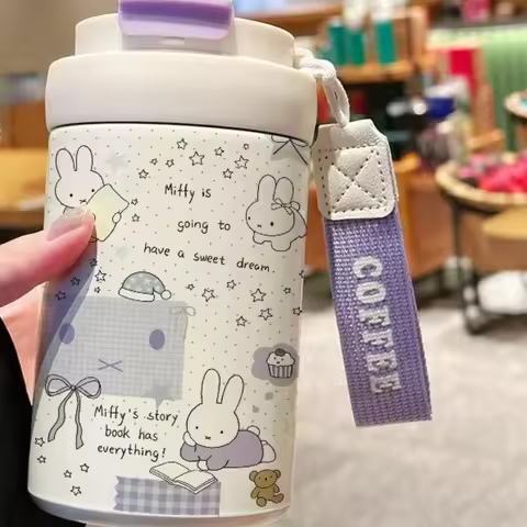 Cartoon Kawaii Miffy New Thermos Cup Straw Drink Directly Large Capacity Stainless Steel Seal Portab
