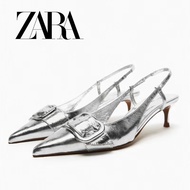 Zara Women's Shoes Silver Stiletto Square Buckle Cow Leather Slingback Cat Heel Shoes Pointed Sandals