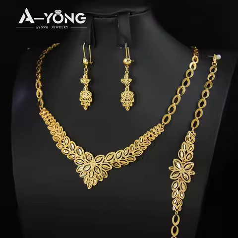 Luxury Dubai Wedding Jewelry Set 21k Gold Plated Arab Bridal Gold Necklace Bracelet Earrings Brazili