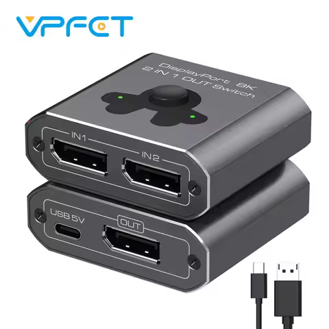 Displayport Switch 2 in 1 Out DP Switcher 8K60Hz 4K144Hz High-Definition Resolution DP1.4 Displaypor