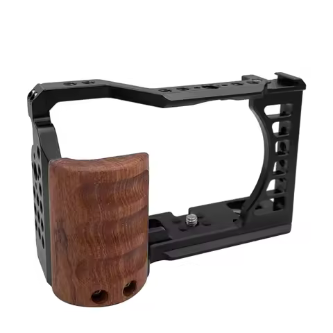 A73E-Camera Cage for Sony A7C Camera with Wooden Handle Protection Frame Housing Cage Handle with Co