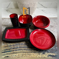 MERAH 20 Pcs Eid Package Plates Bowls Glasses Ramen Red Black set Tableware Plastic pp 5 Food Grade 