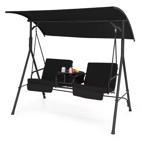 2 Person Porch Swing, Outdoor Swing with Pivot Storage Table, Cooler Bag, 2 Cup Holders, Removable C