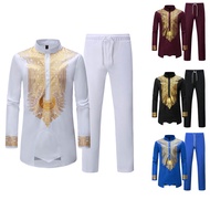 Men's African Style 2 Pieces Set Traditional Metallic Printed Wedding Party Dashiki Agbada Pants Sui