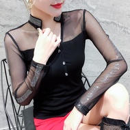 YIMEI เสื้อเชิ้ตผู้หญิงแขนยาวใหม่2023ฤดูใบไม้ร่วงเสื้อ MODE Korea ตาข่ายกลวงเซ็กซี่เสื้อยืดสตรี