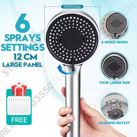 12cm Big Panel Shower Head,Water Saving Shower Head,6 Modes High Pressure Adjustable Shower Head Bat
