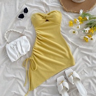 Women Summer Vacation Yellow-Green Knitted Textured Jacquard Twist Front Drawstring Asymmetrical Hem