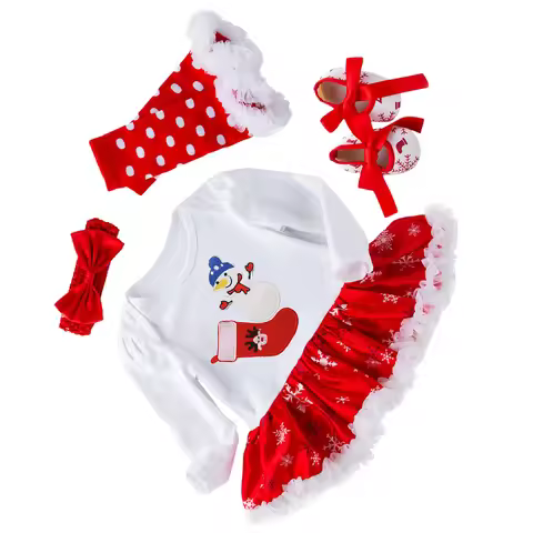 1Set Christmas Baby Girl Dress Set Long Sleeve Cotton Comfortable Headband Shoes Leg Warmers Long Sl