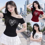 New and novel printed short-sleeved off-the-shoulder shirt with good elastic fabric TD NHENNHEN 85