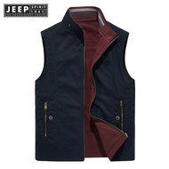 JEEP SPIRIT 1941 ESTD ชายวัยกลางคนเสื้อกั๊กการถ่ายภาพตกปลาสองด้านคอเสื้อฝ้ายเสื้อกั๊ก