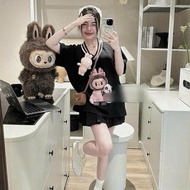 Women's outfit set for going out, turtleneck t-shirt set with striped bodice and pleated short skirt