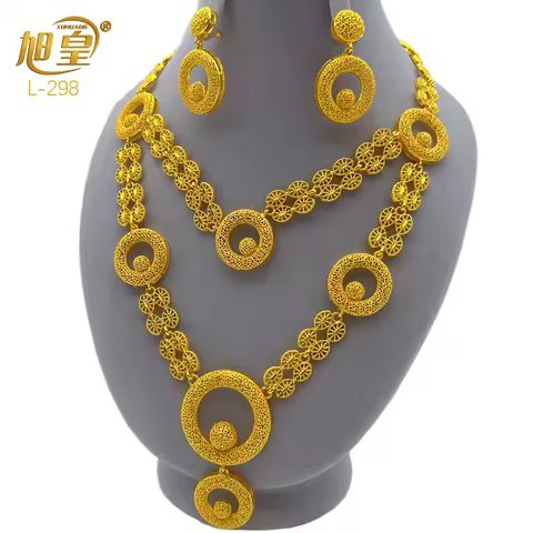 Dubai 24K Gold Color Jewelry Sets Wedding African Long Necklace Earrings For Women Nigerian Indian B