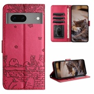 Dropshiping Cat Embossing Pattern Leather Phone Case with Lanyard For Google Pixel 7 5G/Google Pixel