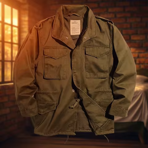 M65 Field Jacket, Men's Military Jacket, Retro Multi Pocket Collar Zipper Jacket, 100% Cotton