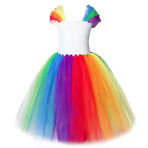 Little Girl Pony Rainbow Tutu Dress Long Kids Birthday Dresses for Girls Princess New Year Costume C