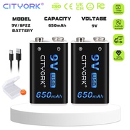 CITYORK 9V Li-ion Rechargeable Battery(48*26*17)mm 9V 650mAh With Type-C USB 6F22