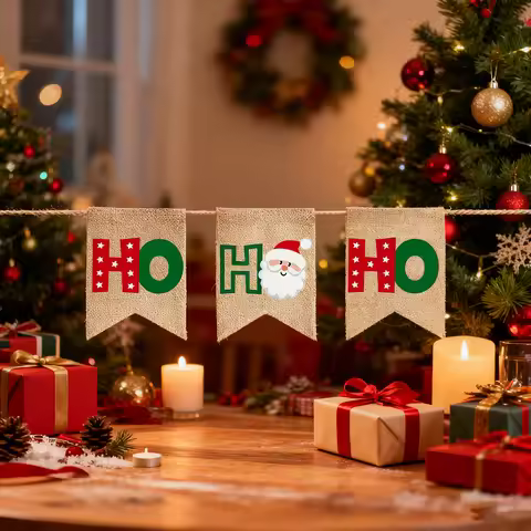 Christmas Santa Ho Ho Ho Burlap Banner Merry Xmas Eve Holiday Garland Bunting Home Fireplace Wall Ba