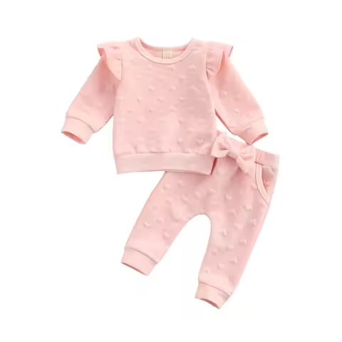 Valentine 2 Pieces Kids Suit Set, Solid Color O-Neck Long Sleeve Ruffle Tops+ Bowknot Trousers for G