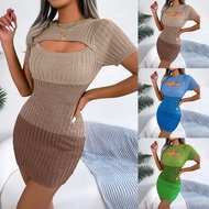 【Flash Sale-W】Womenr Round Neck Short Sleeves Sexy hollow Stitching Color Knitted Slim Dress