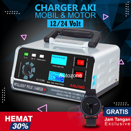 Charger Aki Mobil Dan Motor Otomatis Cas Accu Kering Dan Basah Digital 300W 12V/24 Volt Alat Pengecas Aki Motor Mobil Truk Van Ces Carger Cas Casan Accu Kering Dan Basah Portable