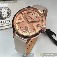 VERSUS VERSACE凡賽斯精品錶,編號：VV00374,34mm圓形玫瑰金精鋼錶殼玫瑰金色錶盤真皮皮革米白色錶帶