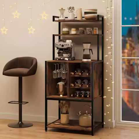 Tall Wine Rack Freestanding Floor, 5-Tier Wine Baker Rack With Glass Holder & Wine Storage, Industri
