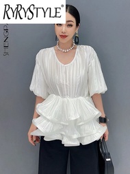 เสื้อคอวีอัดจีบของผู้หญิงผ้าระบายขอบ3มิติแบบลำลองสวยทันสมัยเสื้อผ้า Y2k 5R9802ใหม่ฤดูร้อน