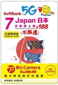 開心電訊 -Happy Telecom 日本 Softbank 7日5G無限數據 (不限速)