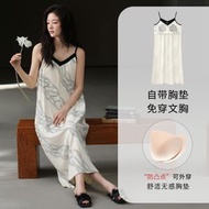 夏天時尚拉架棉睡裙 女款長裙涼感睡衣 舒適吊帶裙可外穿帶胸墊（平行進口）（快遞送貨上門）
