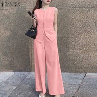 ZANZEA ชุด2ชิ้นติดกระดุมสำหรับผู้หญิงชุดเอวยาวยางยืดเสื้อกั๊กเรียบ #3