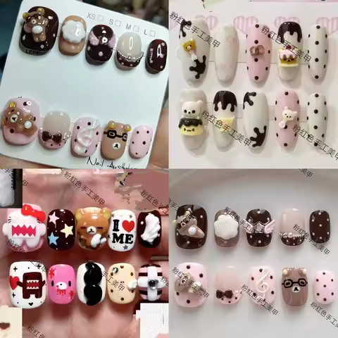 Sweet Lovely Cartoon Rilakkuma Series Handmade Ellipse Press On Nail Strawberry Stars Cake Pearl Bow