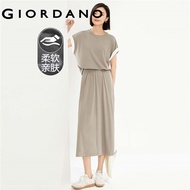 GIORDANO Women Dresses Fake 2-Piece Elastic Waist Stretchy Dresses Crewneck Cap Sleeve Simple Fashio