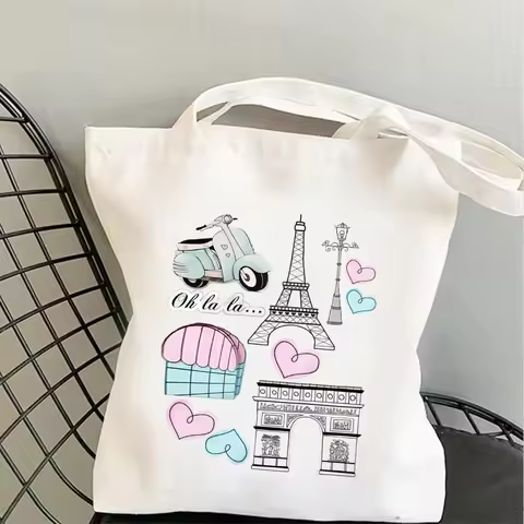 Paris Landmark Doodle Canvas Tote Bag Eiffel Tower Arc Triomphe Print Handbag For Travel Lover Daily