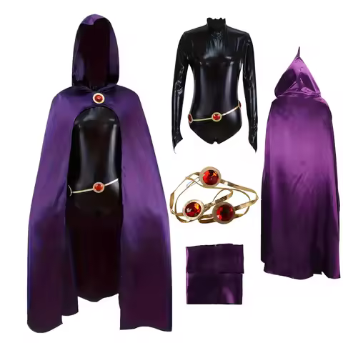 Raven Cosplay Costume, Fighting Bodysuit Women Jumpsuit Belt With Purple Hooded Cloak Halloween Outf
