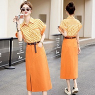 French Style Orange Dress - Slimming Two-Piece Outfit