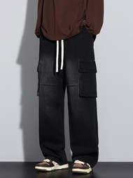 ผู้ชายใหม่ Baggy ตรง Cargo กางเกงยีนส์เอวยางยืด Vintage Blue สีดํา Smoky กางเกงยีนส์สีเทากางเกงแฟชั่