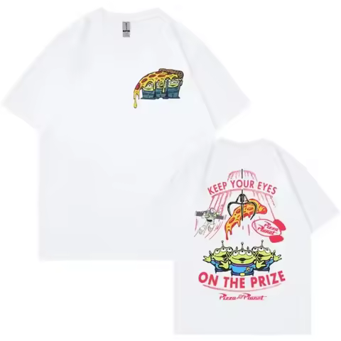 Double Sided Fun Pizza Planet Design T-shirt Women's Fashion Cartoon T-shirt Casual Short Sleeve T-s