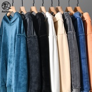 600g Heavy Gold Velvet Sweatshirt Men Loose Street Wear American Solid Color Hooded Top Fleece Linin