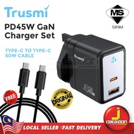 【SIRIM Certified】Trusmi 45W GaN Fast Charger USB-C PD + USB-A | Dual Port UK Plug | FREE Type-C Cabl
